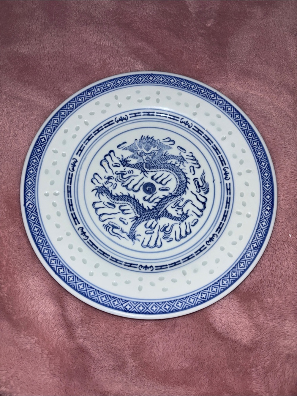 Vintage Chinese “Rice Eye” Blue & White Dragon Oval Plate 10" x 7" Porcelain